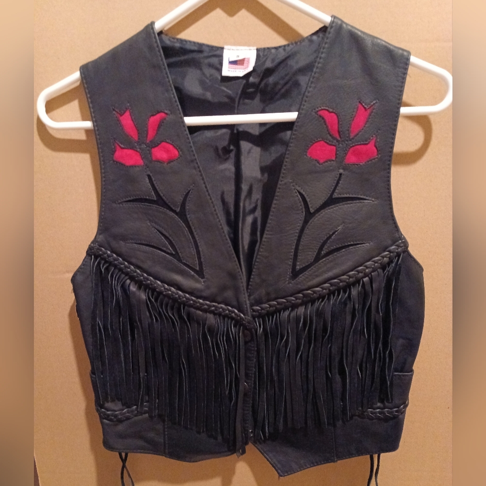 Black Leather Fringe Vest with Red Floral Design